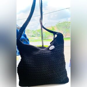 The Sak Black Hand-Crocheted Shoulder Bag with Button Detail